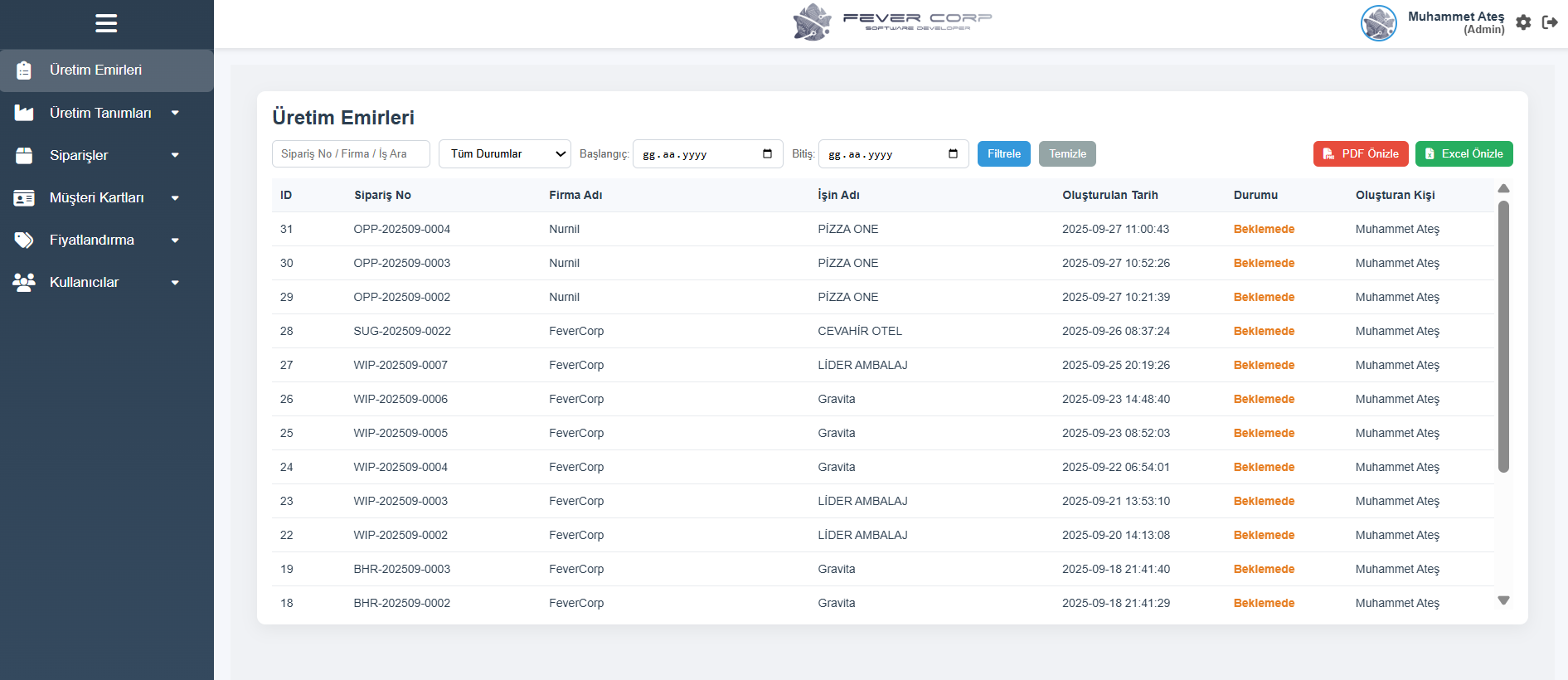Klişe no & sipariş ekranı