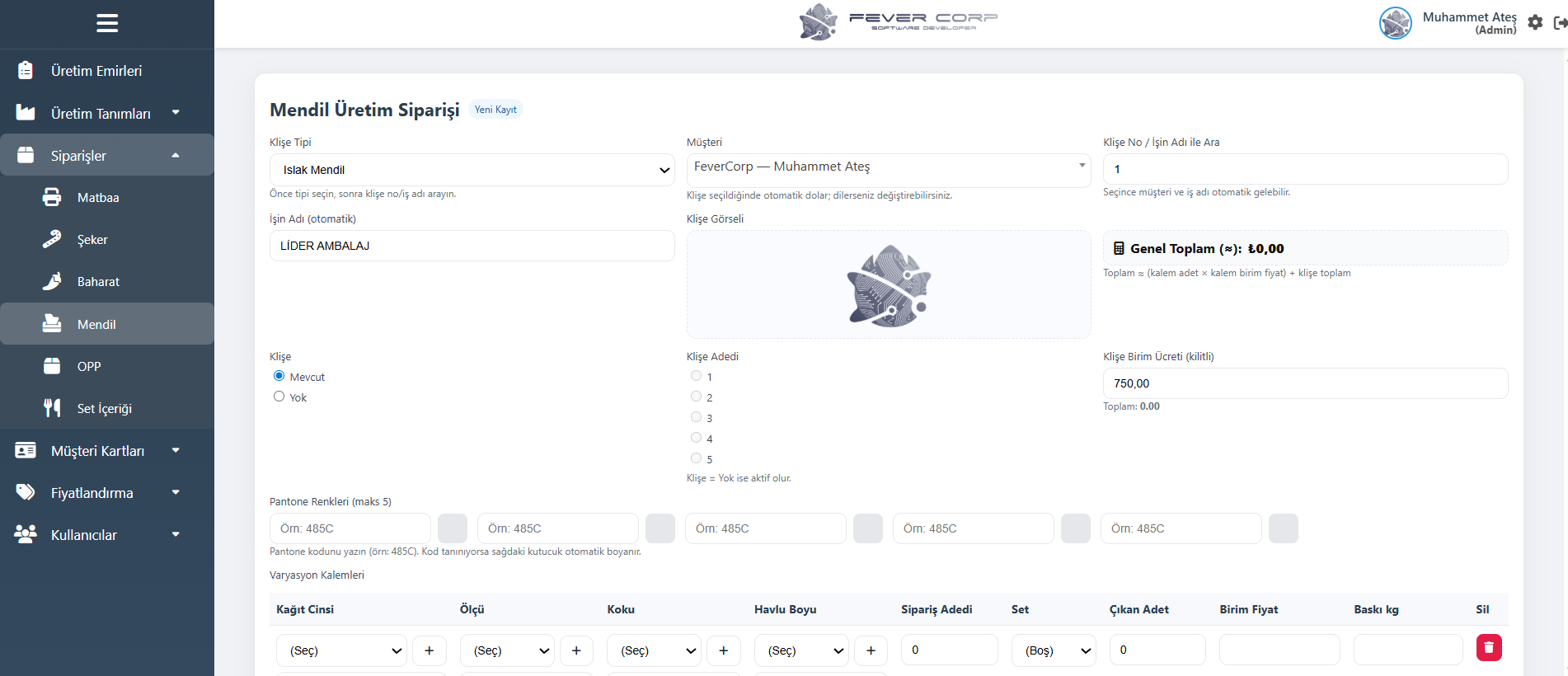 Üretim emri ekranı